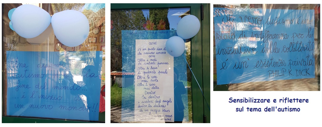 Palloncini azzurri e frasi significative affissi alle porte - finestre